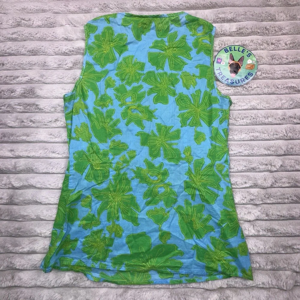 Tory Burch Tank Top Women's 2/XS Bright Green Blue Leaf Ruffled Button Shirt Lux